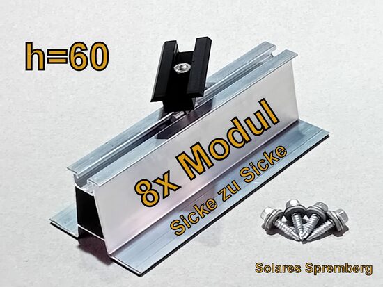 Komplettlösung für 8x PV-Modul auf Trapezblechdach vertikal / hochkant/ Sicke zu Sicke / Kurzschiene H=60mm B=90mm L=200-330mm